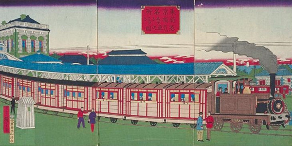 Hiroshige III - Tokyo Famous Places - Steam Train at Shimbashi Station