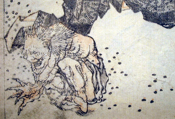 Katsushika Hokusai, detail of a Japanese print showing an oni being chased away by scattered beans