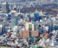 Shibuya glass buildings aerial view