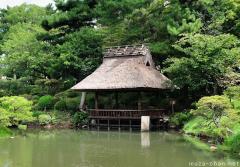 Hiroshima Shukkeien garden pavilion with thatched roof