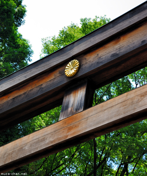 Imperial Crest on Meiji Jingu Torii, Tokyo