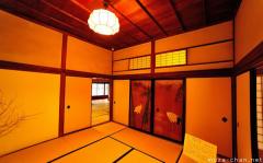Traditional Japanese house and mythological decorations