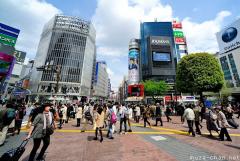 Shibuya street scene, crowds and billboards