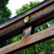 The crest of the Imperial family on the second torii at Meiji Jingu